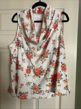 Sleeveless White Floral Cowl Neck Top
